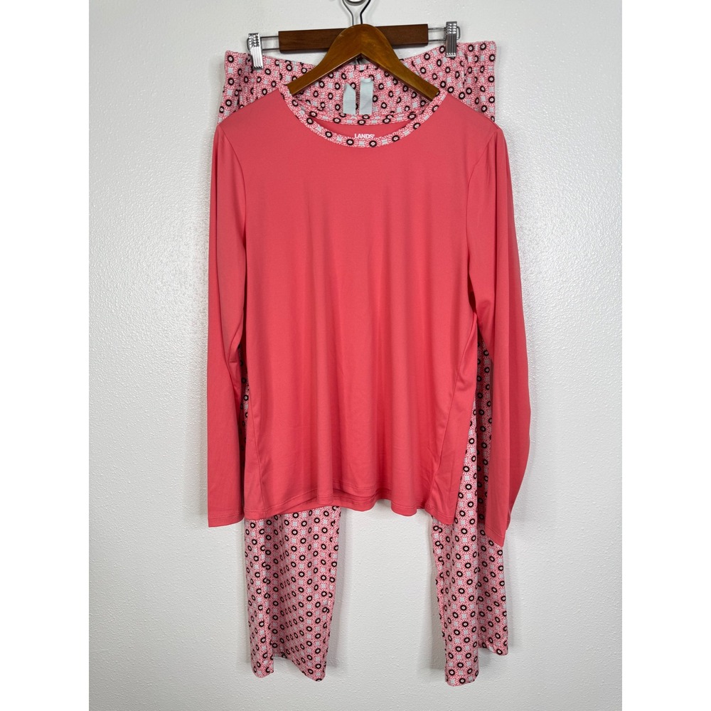 Lands End Womens Pajama Set Coral Pink Long Sleeve Top Floral Pants Large L